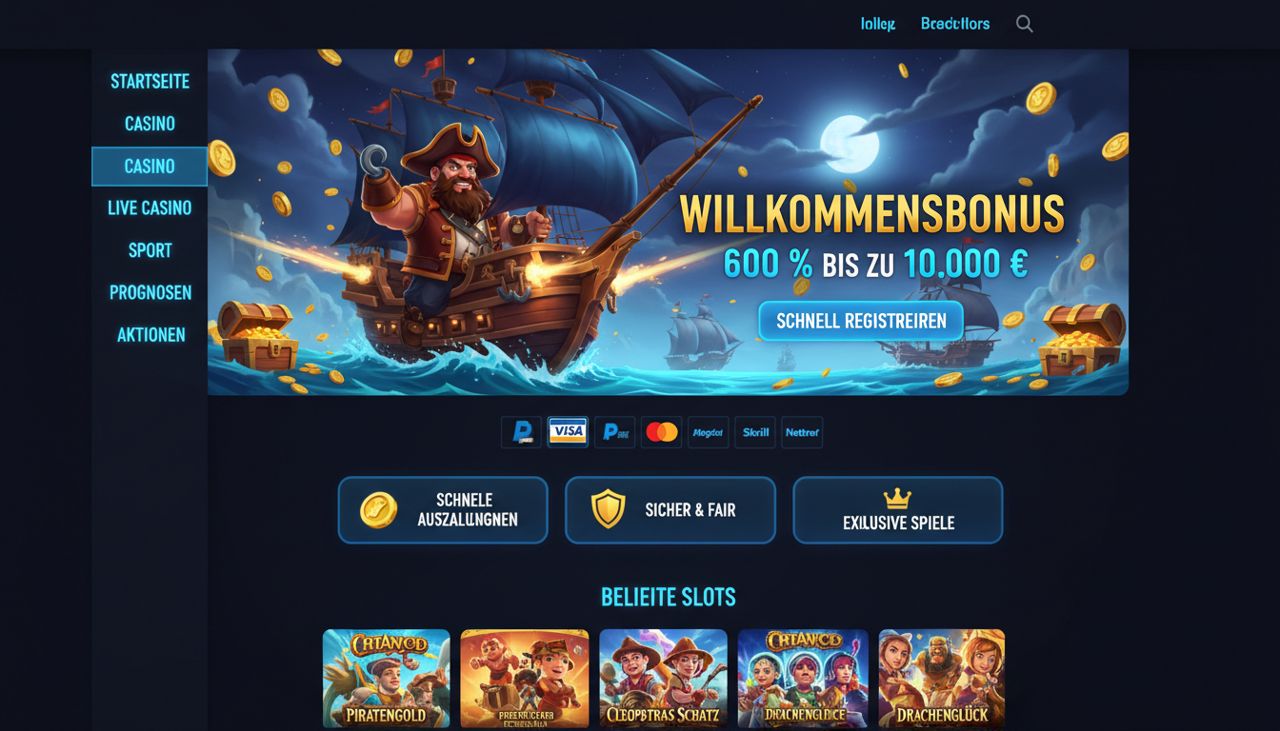 Startseite von Smashcasino mit Menü, Willkommensbanner und Übersicht beliebter Slots