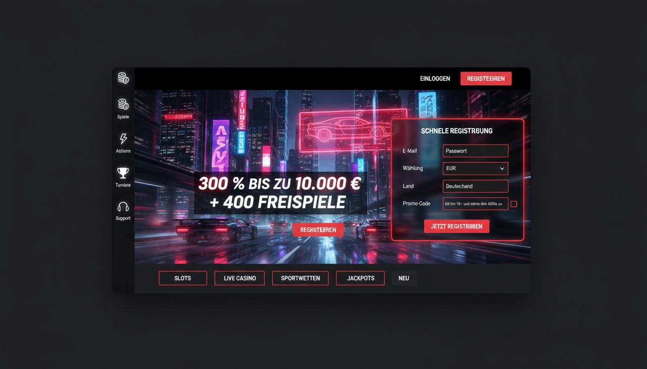 Startseite von Redracer Casino mit Registrierungsformular und Willkommensbonus