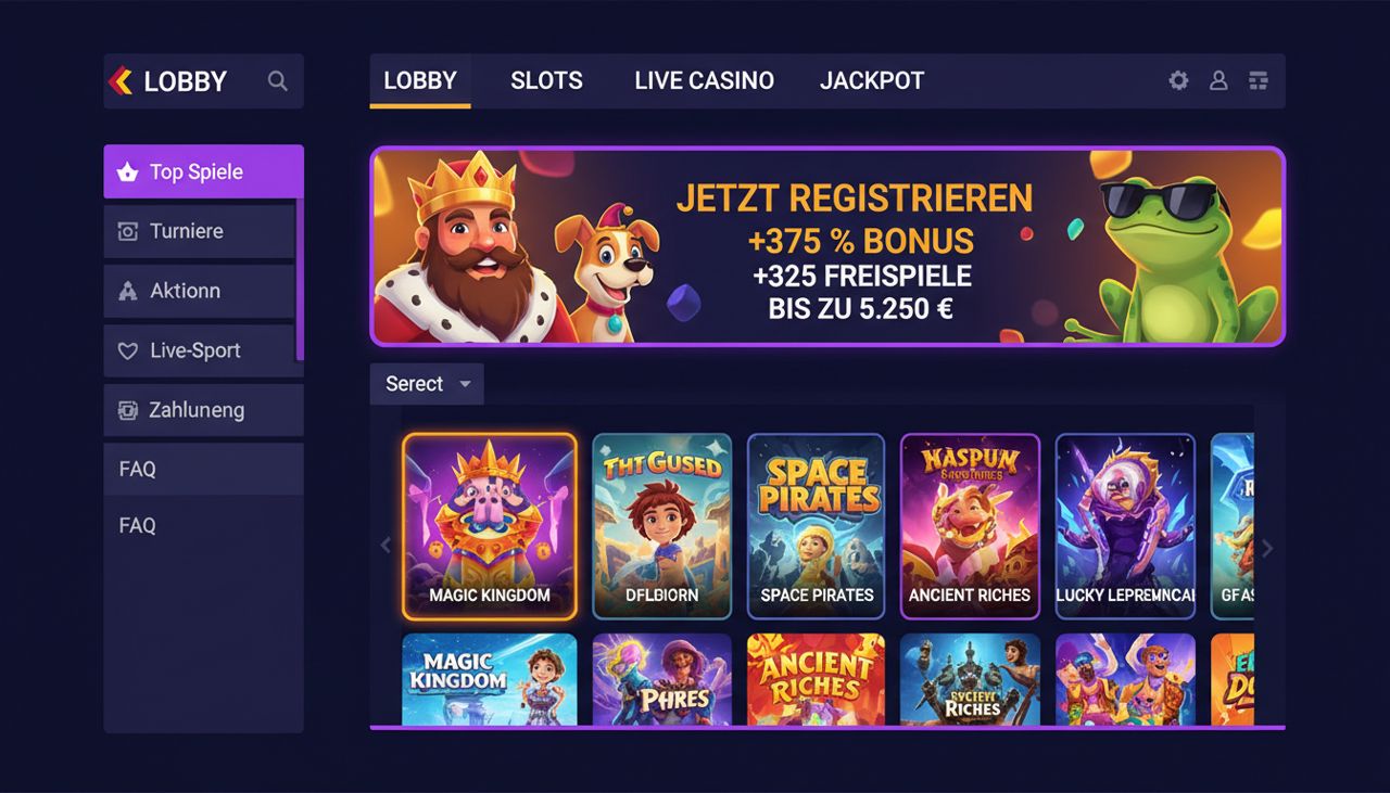 Lobby von Dazard mit Spielkategorien, Bonusbanner und Spieleübersicht