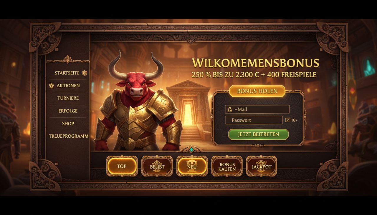 Lobby von Mino Casino mit Willkommensbonus, Anmeldebereich und Spielkategorien