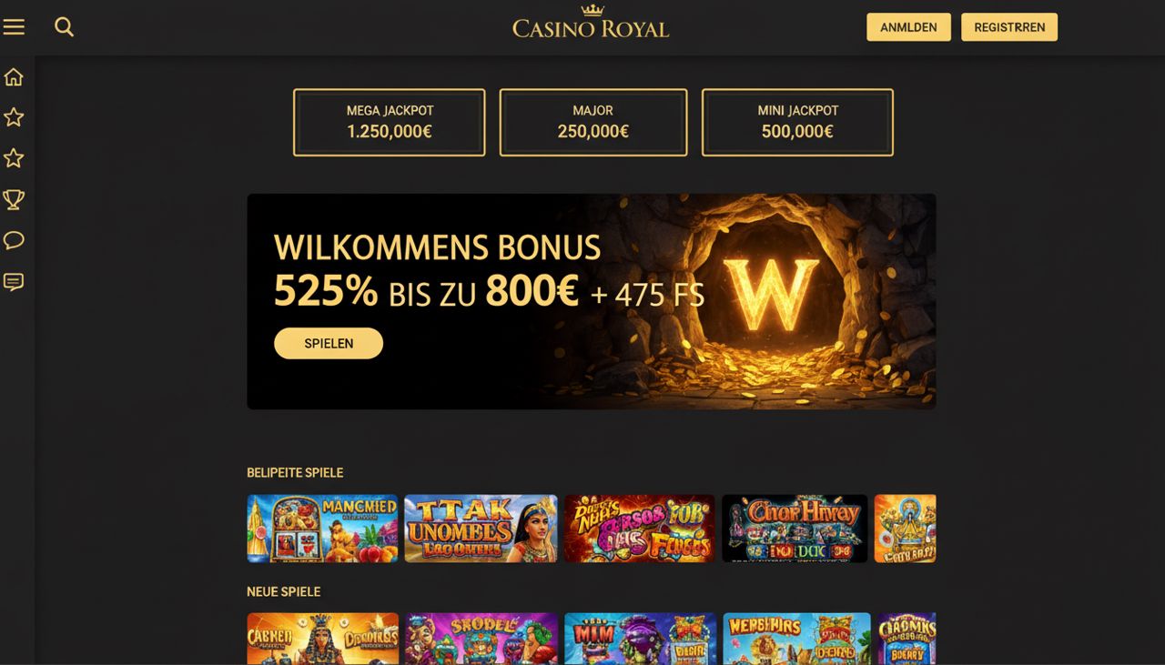 Startseite von Winhero mit Willkommensbonus-Banner und Auswahl an Online Slots